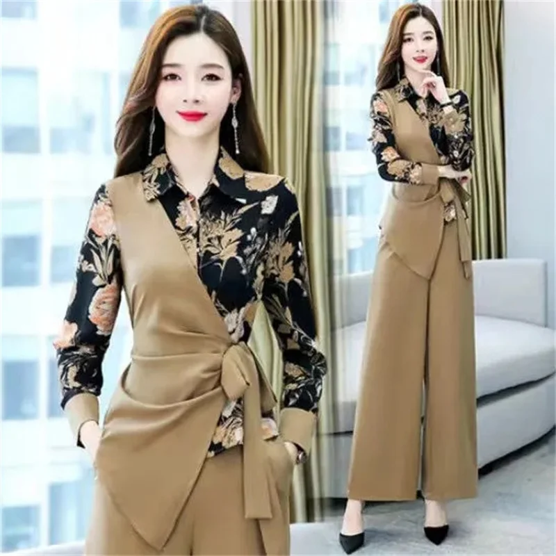 Belt Blazer Suit Female 2023 Spring Autumn Ladies Temperament Thin Wide-Leg Pants Two-Piece Suit Print Stitching Jacket Elegant