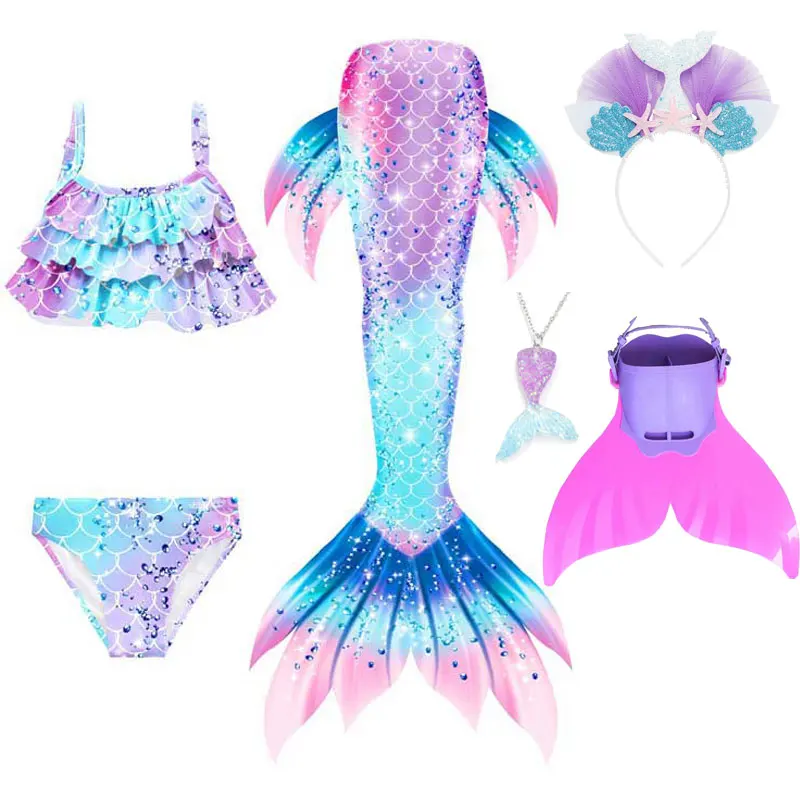 Girls Mermaid Tail Swimsuit Fin Girls Bikini Garland And Monofin Novelty Swimwear Kids Mermaid Performance Dance Dress