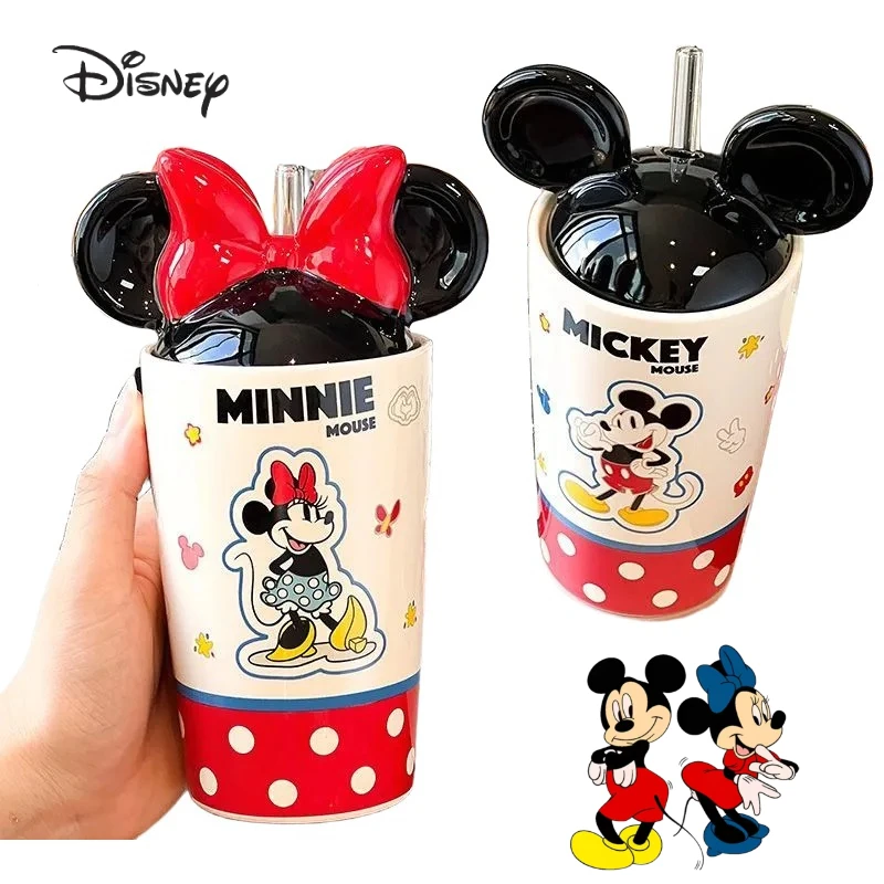 Taza de paja con tapa de cerámica con dibujos animados de Mickey de Disney, creativa para hombres y mujeres, parejas, taza de café para el hogar y la Oficina, regalo