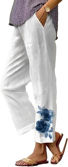 

Summer Linen Pants for Women Wide Leg Boho Pants Loose Palazzo Pants Floral Pants with Drawstring and Pockets