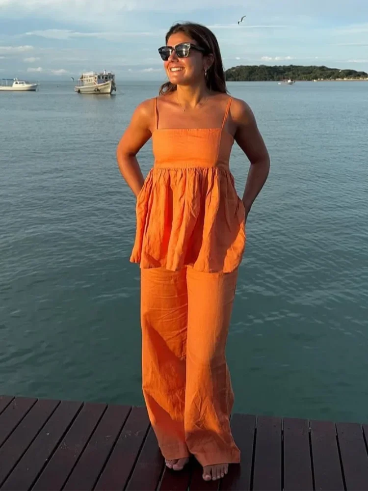 패션 솔리드 여성의 넓은 다리 바지 2 조각 세트 섹시한 백 레이스 민소매 프릴 슬링 탑 정장 새로운 2025 레이디 휴가 복장