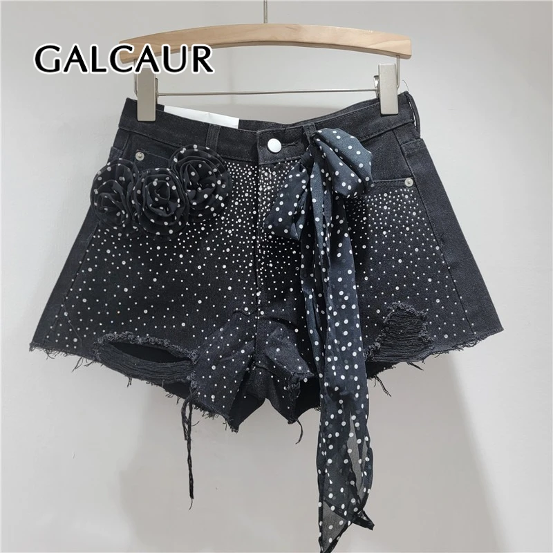 

GALCAUR Hit Color Spliced 3D Flower Cowboy Shorts for Women High Waist Patchwork Hot Fix Elegant Pants Female Fashion Clothing