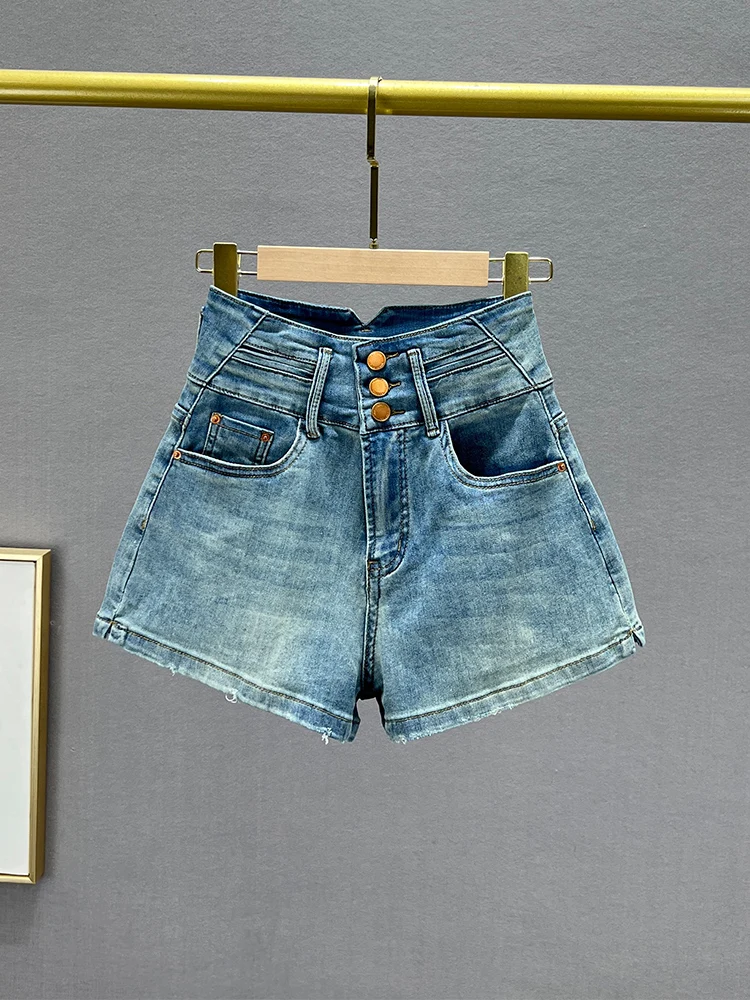 

Женские джинсовые шорты с высокой талией, эластичные, утягивающие, летние, синие, из хлопка, стрейч, синие