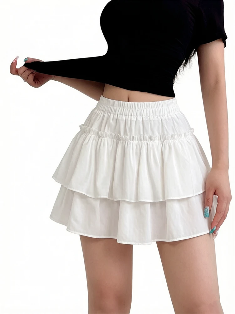 Women Pleated A-Line Skirt White Ruffle Sweet Tierred Pretty Style Skirt Elastic Waist Summer Slim Basic Korean Harajuku Dress