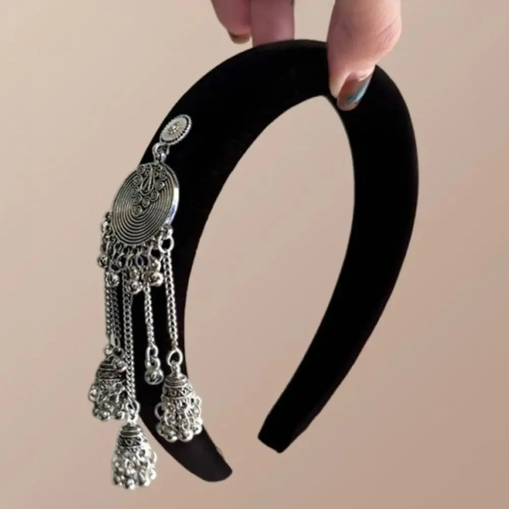 New Chinese Style Tassel Bell Hair Band Head Wear Velvet Ethnic Style Hair Hoop Hair Wear Hair Clip Silver Pendant Hair Clip