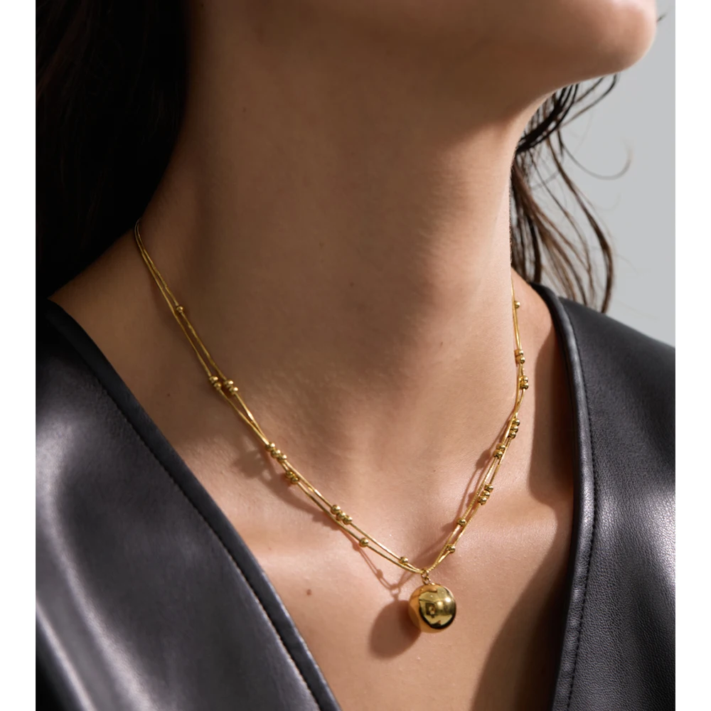 Yhpup-Cadena de doble capa de acero inoxidable, colgante redondo apilable, Collar resistente al agua chapado en oro y platino de 16K, joyería