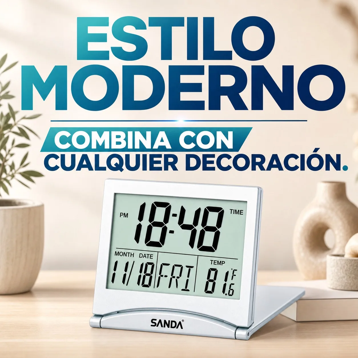 Horloge de bureau numérique pliable avec grand écran LCD, thermomètre d'intérieur, calendrier et alarme, horloge de voyage portable en ABS, 9x8,5x2 cm, pile CR2025 incluse, couleur blanche
