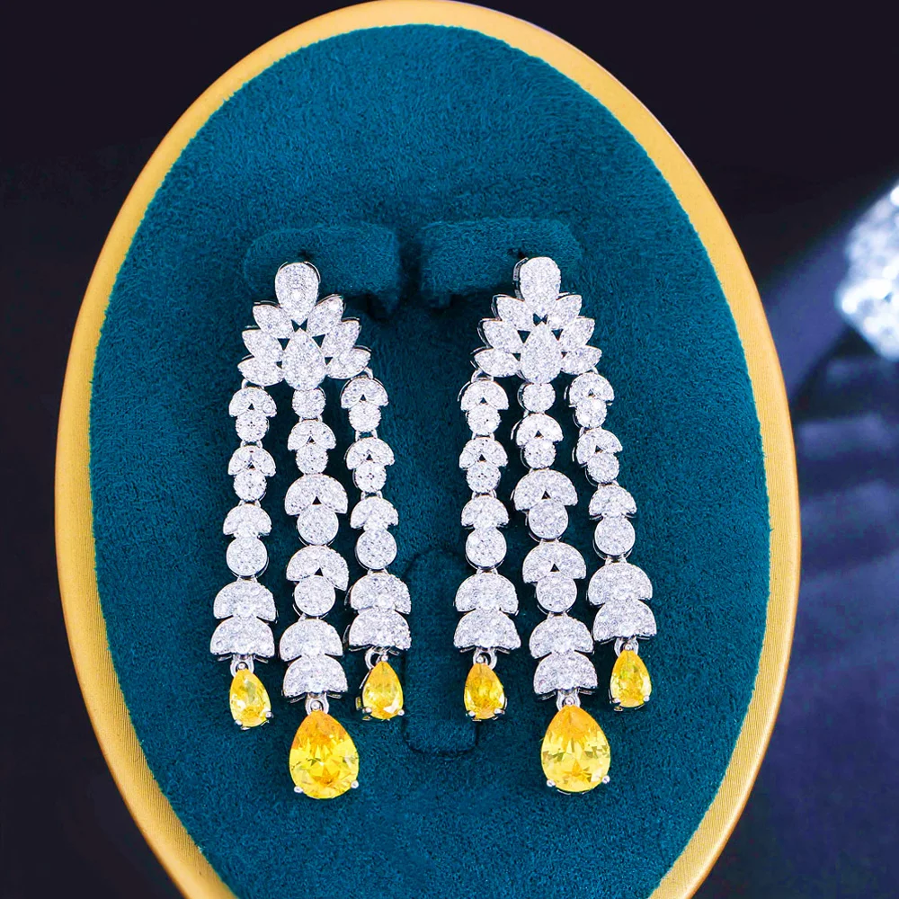 Pera Elegant White Yellow Cubic Zirconia Long Tassel Waterdrop Dangly Drop Earrings Chirstmas Party Jewelry Gift for Women E356