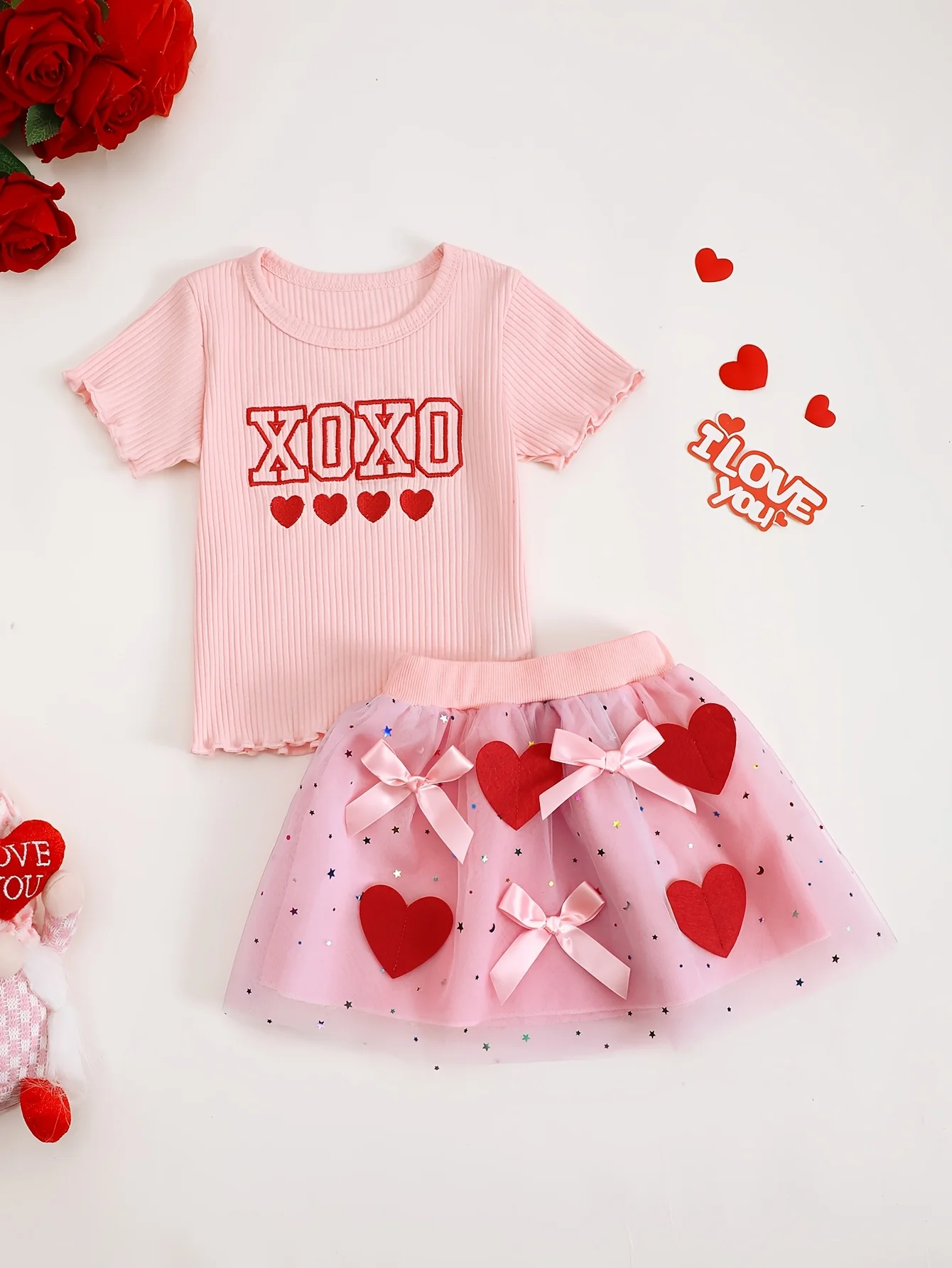 Baby Girl Summer XOXO Letter Embroidered Tulle Skirt Set Infant Children's Clothing Outfit with Lace Trim