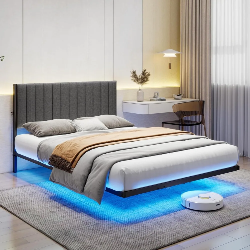 

Floating double bed frame with LED lights and charging station, full bed frame with cushioned headboard, metal platform bed