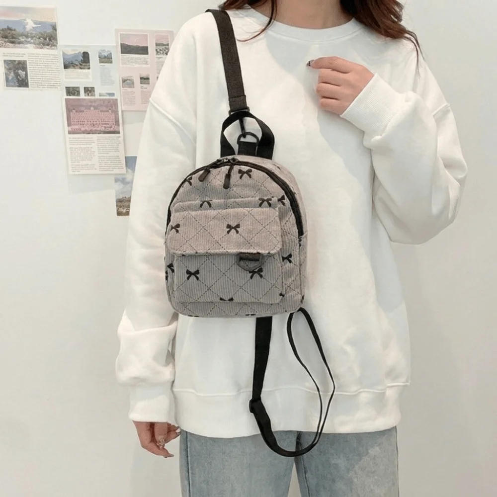 Sweet Corduroy Mini Backpack Bowknot Printed Lightweight Shoulder Bag Korean Style Multi Layered Bow Rucksack Teen Girls