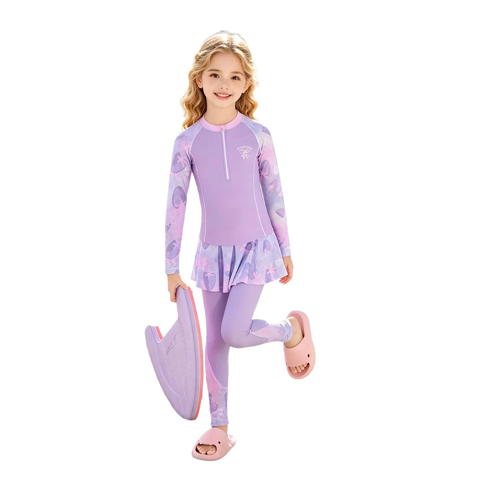 

Kids Girls 3 Pieces Rash Guard Swimsuit Printed Swimwear Long Sleeve Top with Long Pants and Skirt for Pool Swimming Swim Sets