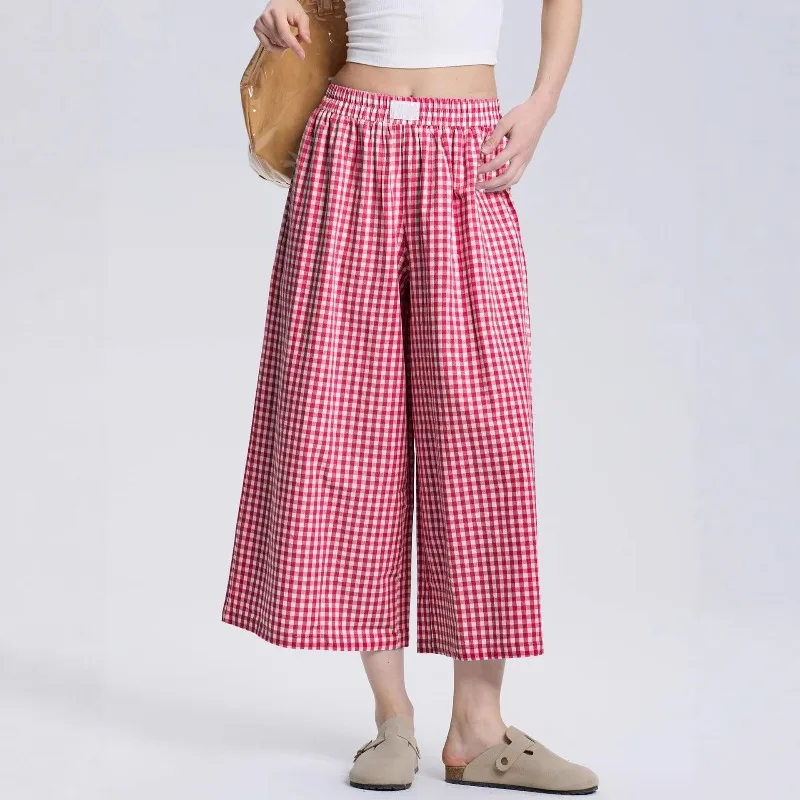 

Women's Casual Plaid Wide Leg Pants Summer New Loose Slimming Lazy Long Trousers Comfortable Loose Fit High Waist Pants 2025