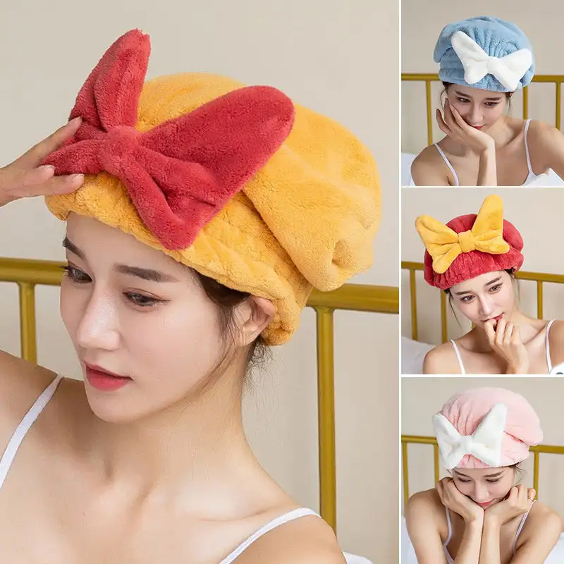 

Coral Fleece Quick Hair Drying Bath Towel Shower Cap Spa Bowknot Wrap Towel Hat Cap Bathroom Accessories Bonnets For Women