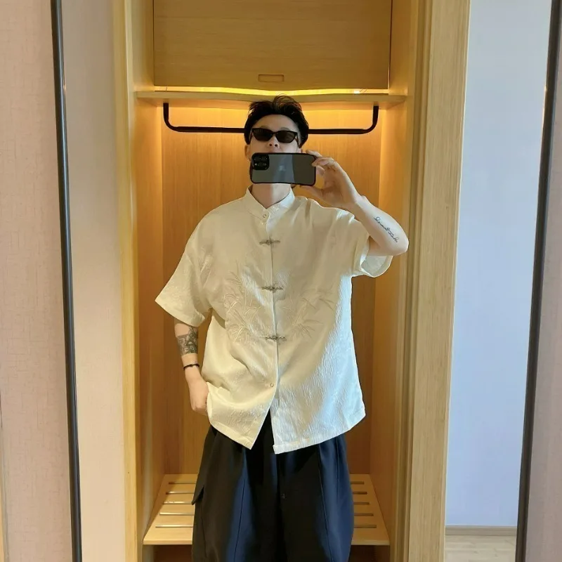 

Summer Men's ort Sve irt Large Size 250 Pou New Chinese Embroidery Stand Collar Retro k Pattern Texture Button down