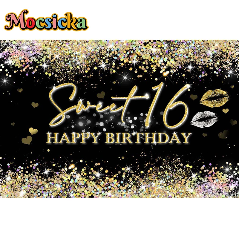 Mocsicka Glitter Sweet 16 Backdrop Girl 16th Birthday Party Photo Background Diamond Decoration Photography Backdrop