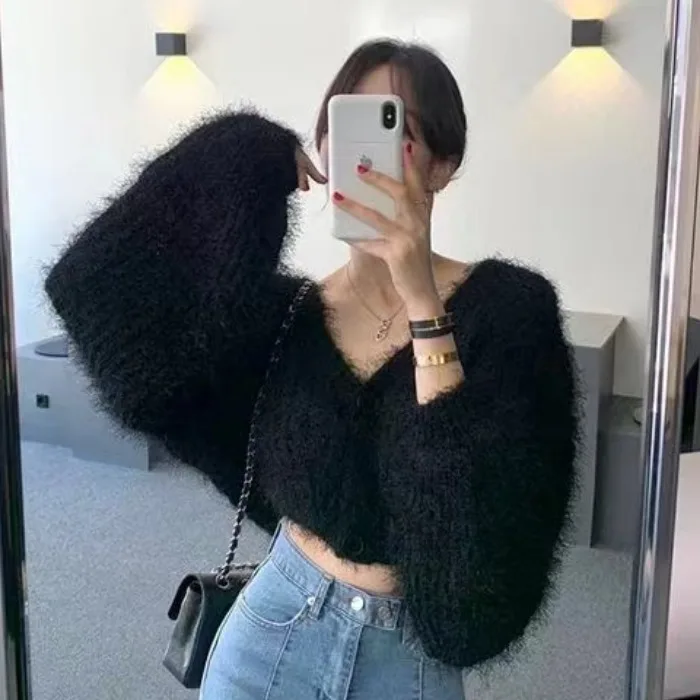 Chic V-neck White Pink Knitted Sweater Women\'s Mohair Fluffy Cardigan Crop Top Y2k Streetwear