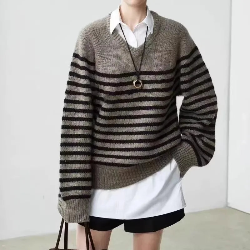 

High-end V-neck striped 100% wool knitted sweater loose pullover sweater women wool base layer