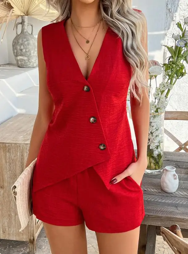

Women's Shorts Set Casual Solid Color Vacation Style Button Up Shirt Vest Top Shorts 2-Piece Set