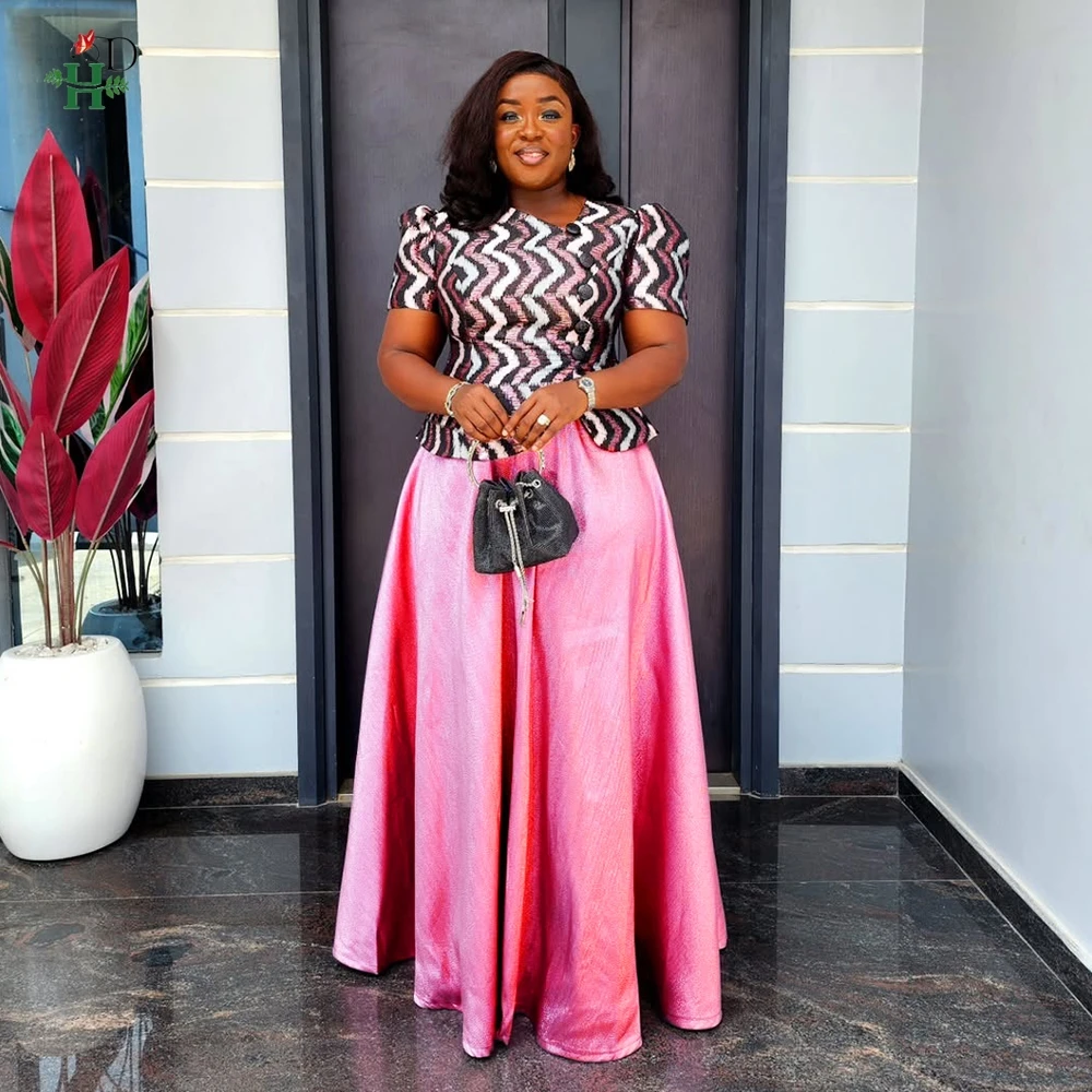 

H&D For African Women Plus Size 2PCS Clothes Party Maxi Robe Fashion Ankara Dashiki Top and Mini Skirt Dress African Work Wear