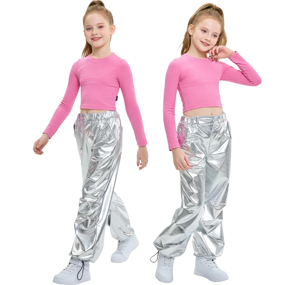 LOlanta Girls Metallic Jogger Pants Jazz Street Hip Hop Dance Shiny Trousers Loose Fit Cargo Pants Elastic Waist Streetwear