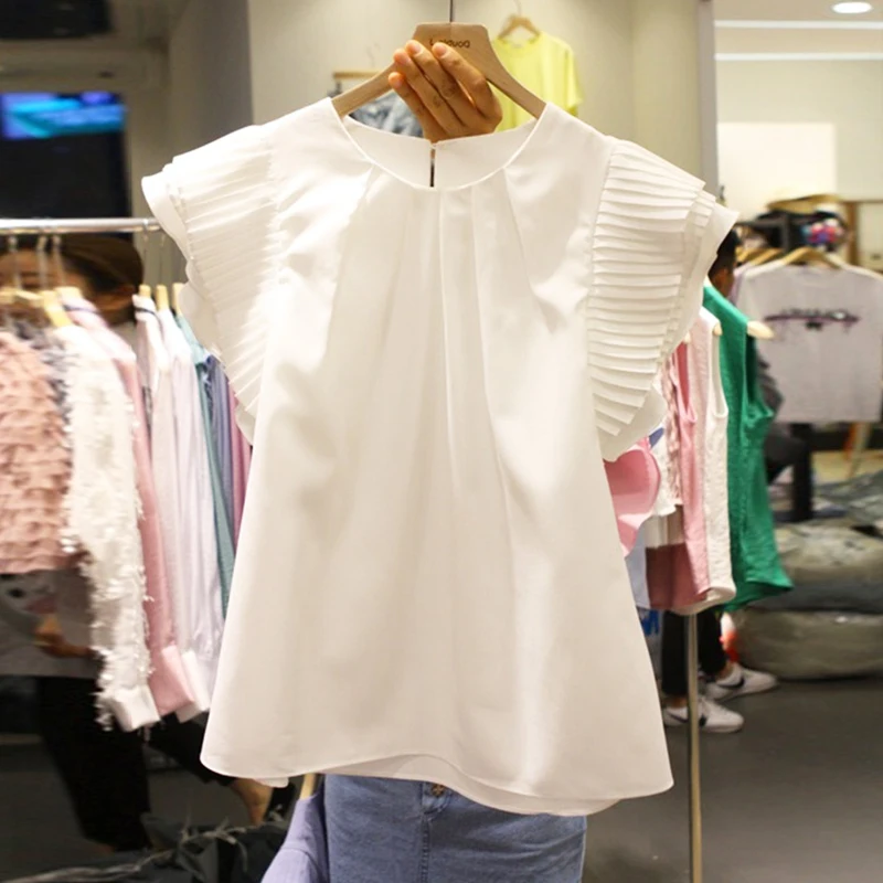 

Sweet Style White Women Blouse Summer New Design 2023 Flare Sleeved Pleated Elegant Female Pulls Tops