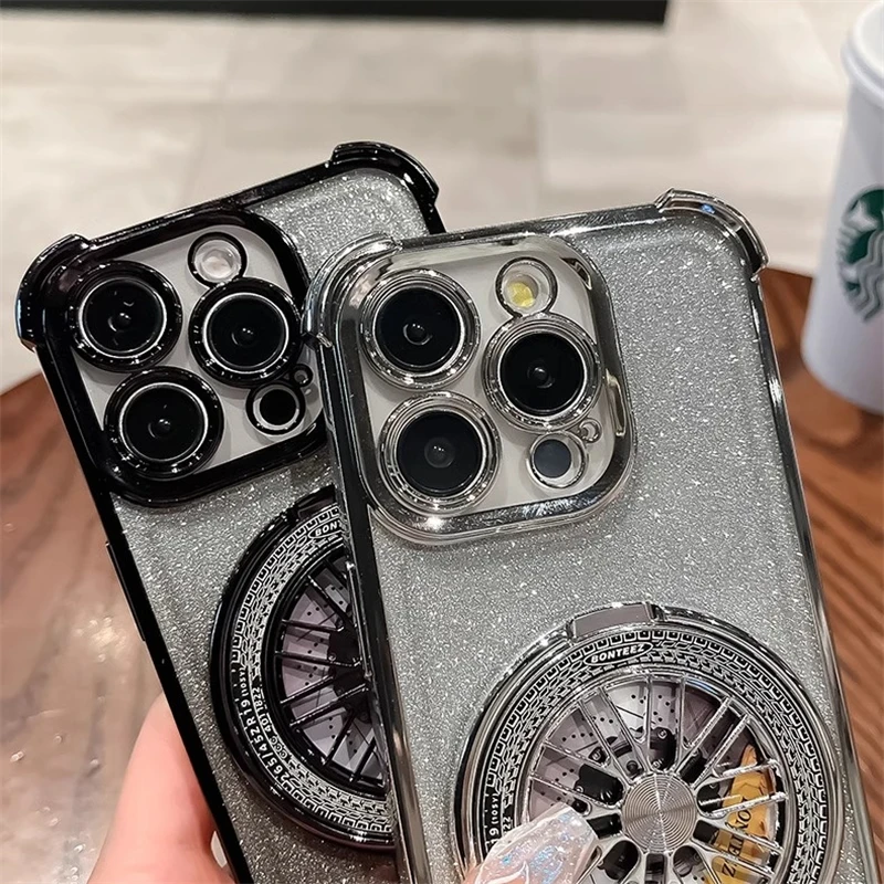 Luxury GlitterสําหรับiPhone 14 15 Pro Max 13Pro 16ProพับสําหรับiPhone 16 Plus Shiny Blingหมุนขาตั้งShell