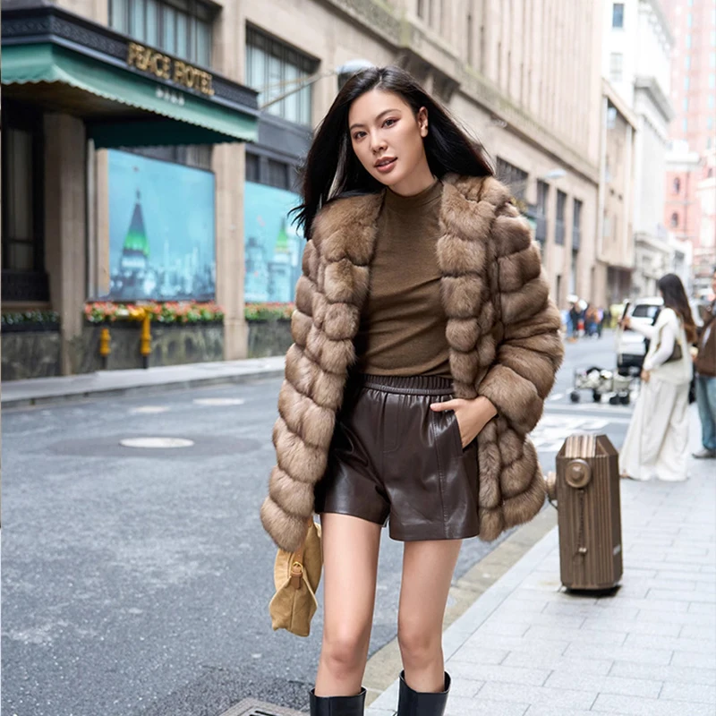 Ftangaiur Winter Import Russian Sable Fur Coat With Fur Hood Sable Coat Women Long Sleeve Short Natural Real Sable Fur Coats