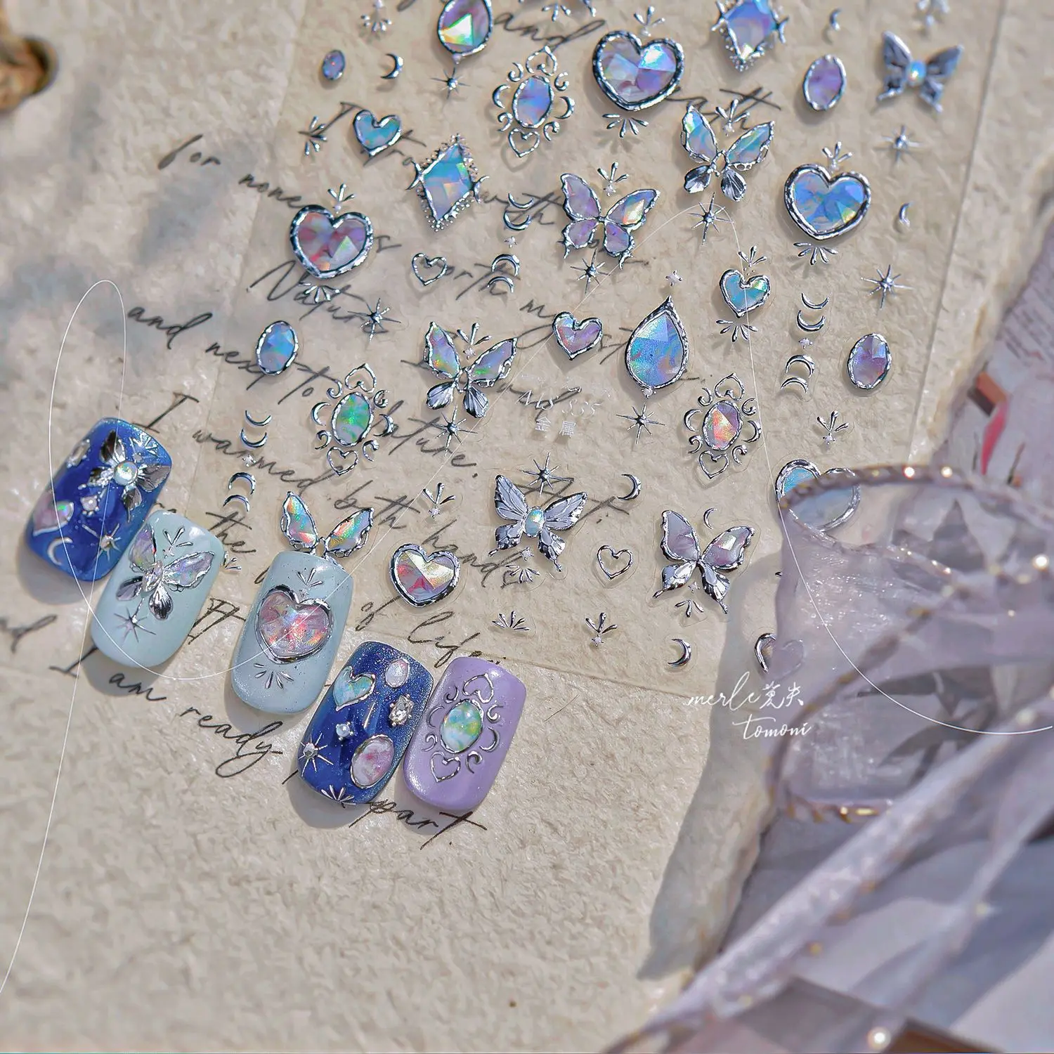 Metalen kleurrijke edelsteen vlinder liefde hoge kwaliteit gouden en zilveren nagelstickers ontwerp decoratie DIY manicure MS-832