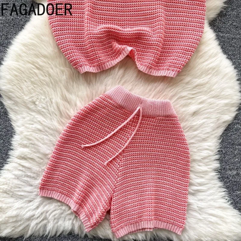 FAGADOER Y2k Sweet Fashion Knit 2 Piece Sets Woman Outfit Hollow Out Short Sleeve Crop Top and Shorts Outfit Female Streetwear