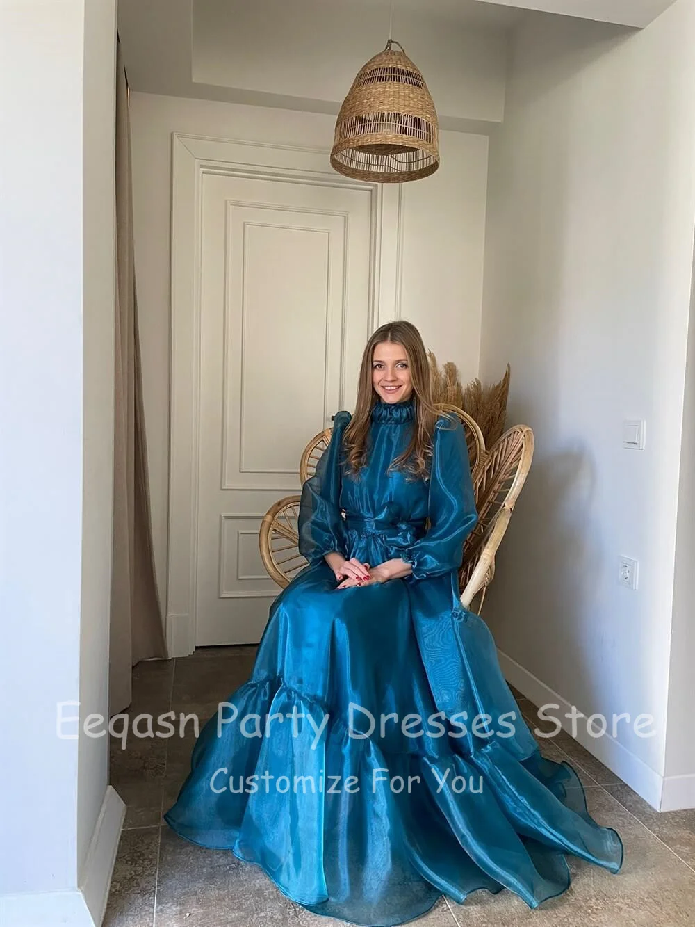 A Line Teal Blue High Neck Organza Prom Dresses Lining Long Sleeves Women Evening Gowns High Neck Customized Formal Party Dress