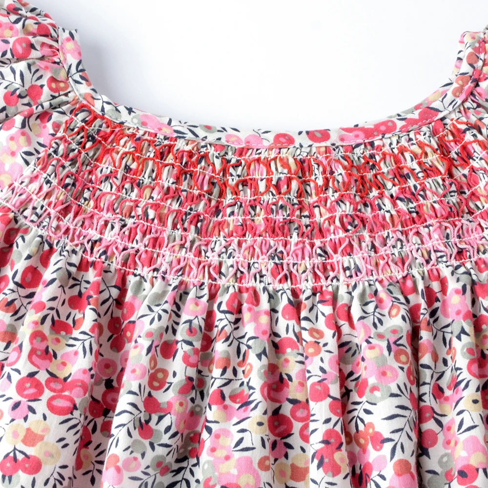 Blumen-Sommerkleid für Mädchen im Alter von 1, 2, 3, 4, 5, 6 Jahren, Smockdesign mit fliegenden Ärmeln, für Babys und Kleinkinder, tägliche süße Kleidung – Detail 11
