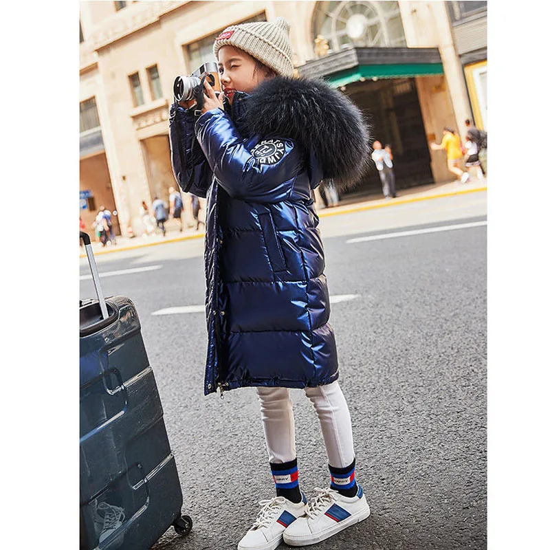 -30℃ Teen Girls Jacket Winter Long Solid Color Glossy Waterproof Thick Warm Hooded Parkas For 5-14Y Kids Fur Collar Cotton Coats