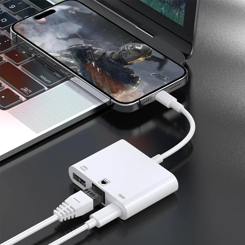 RJ45 Ethernet Adapter For Lightning iPhone 14 13 12 11 8 7 6 5 /iPad/iPod Ethernet 3 in 1 Adapter with Charging Port USB OTG