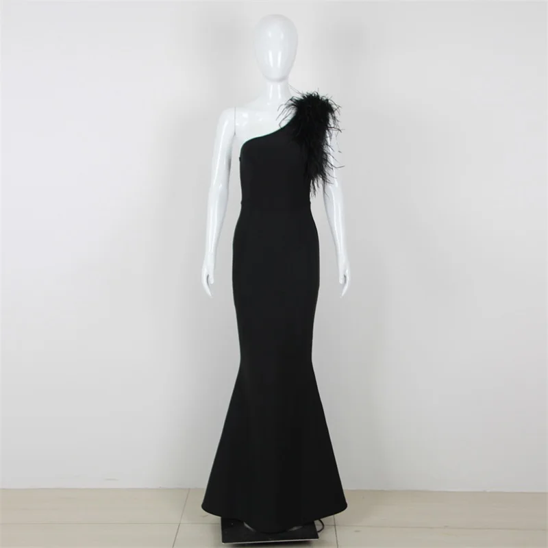 Ostrich Feather Prom Dress Sexy One Shoulder Bandage Autumn Mermaid Black Party Gown Formal Red Carpet Pageant Party Skirt Robe