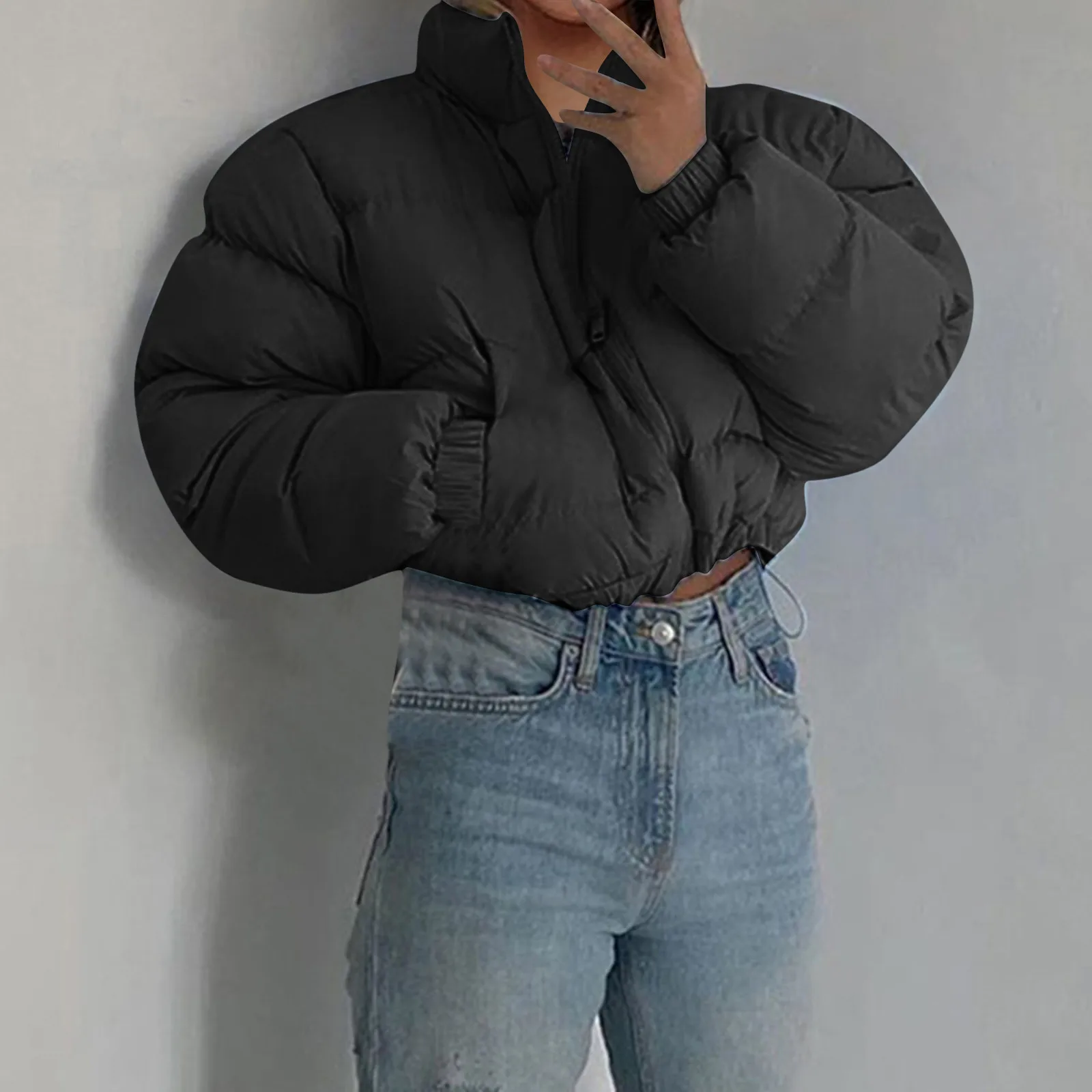 

Женская короткая куртка-пуховик с хлопковой подкладкой, Толстая куртка на шнуровке, зимнее пузырьковое пальто на молнии, теплая Повседневная однотонная популярная уличная одежда