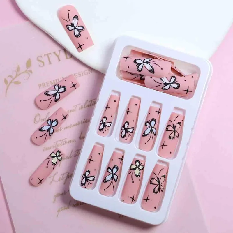 24 Pcs Long Square Summer Pink Acrylic False Nails Colorful Butterfly 3D Flower Bling Design False Nails  for Women and Girls