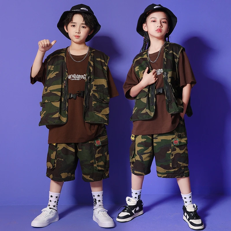 Kids Kpop Hip Hop Clothing Camo Vest Graphic Tee Oversized T Shirt Tactical Cargo Shorts for Girl Boy Jazz Dance Costume Clothes