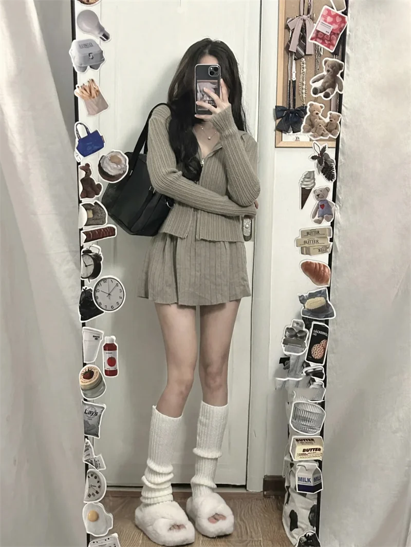 Hoodie Korean Fashion Two Piece Set Women Solid Sweet Vintage Mini Skirt Suit Female Knitted Tops + Causal Pleated Skirt 2023