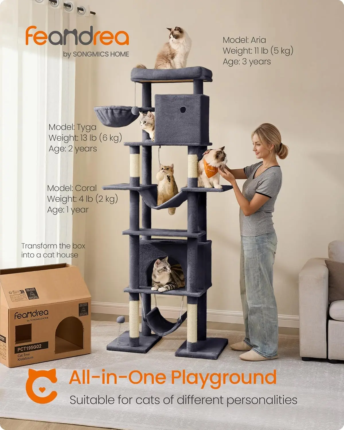 Feandrea Cat Tree, 79.1 Inch Tall Cat Tower for Indoor Cats, Multi-Level Large Cat Condo with 4 Scratching Posts, 2 Hammocks, a