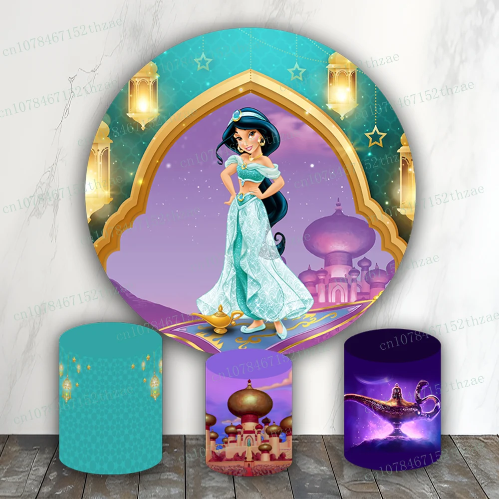 

Aladdin Jasmine Birthday Party Photo Backdrop Baby Shower Photo Background Round&Cylinders Plinth Covers Decoration