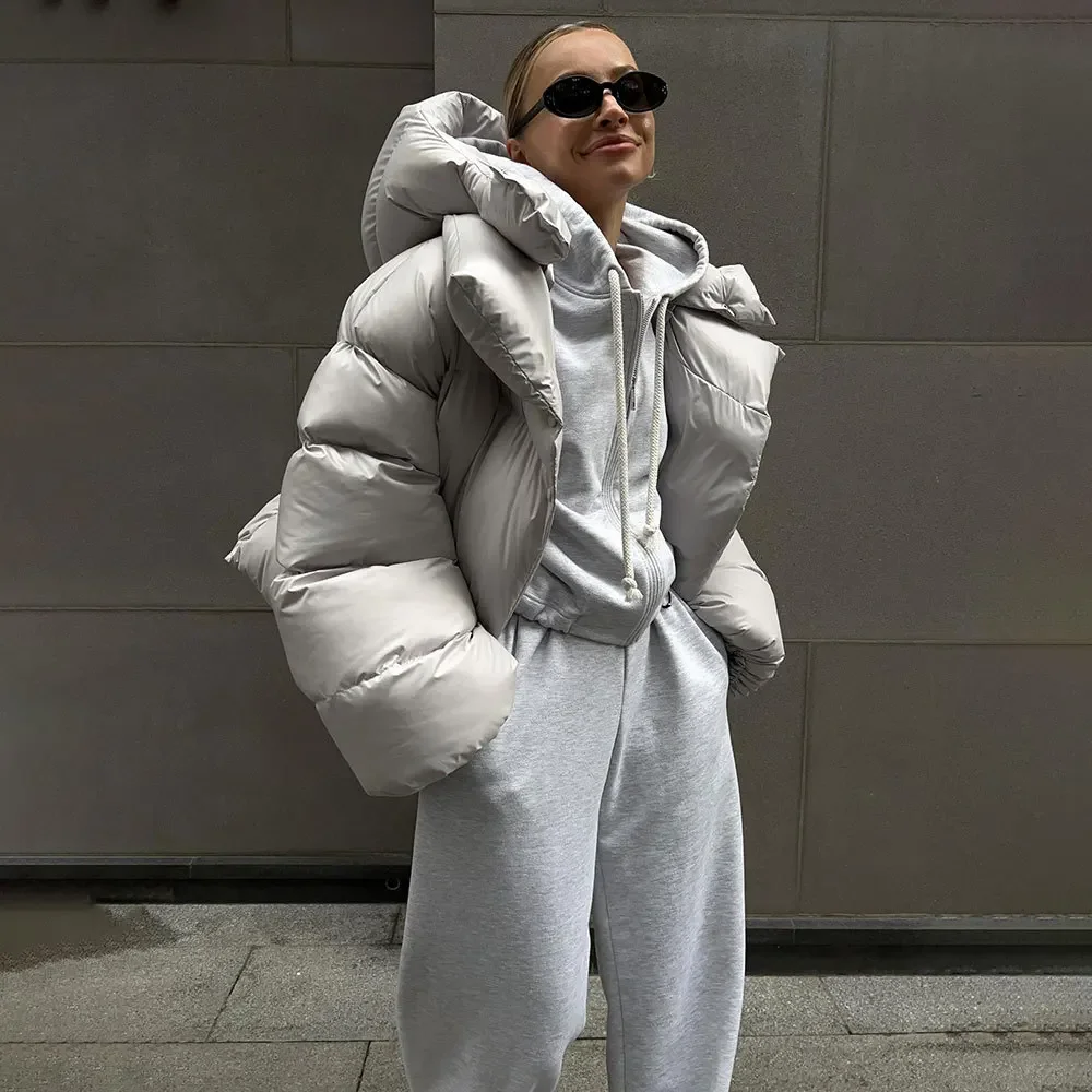 Casaco de algodão feminino, capuz curto personalizado de rua, estilo moderno, 2024