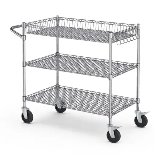 3 Tier Heavy Duty Wire Commercial Grade Rolling Cart with Wheels | Rolling Shelving Unit | Metal Utility Serving Cart