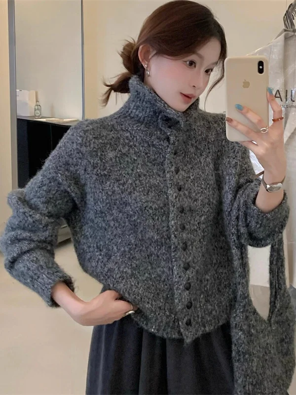 

Korean Sle High Collar Long Sve Knitted Open Cardigan Women's Spring New Soft Loose Lazy Sle Sweater Jaet Top