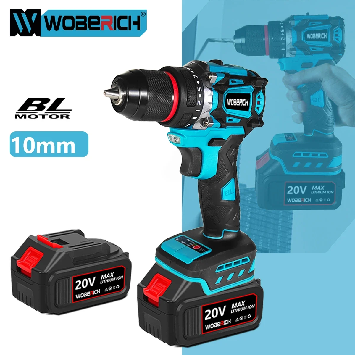 WOBERICH 10MM Brushless Electric Impact Drill Cordless Screwdriver Recharging Hand Drill For Makita 18V Battery