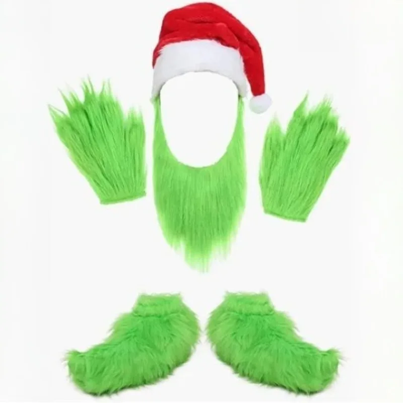 

Christmas Character Role Play Set - Plush Green Monster Gloves & Santa Hat for Adult Halloween Xmas Parties & Themed Events