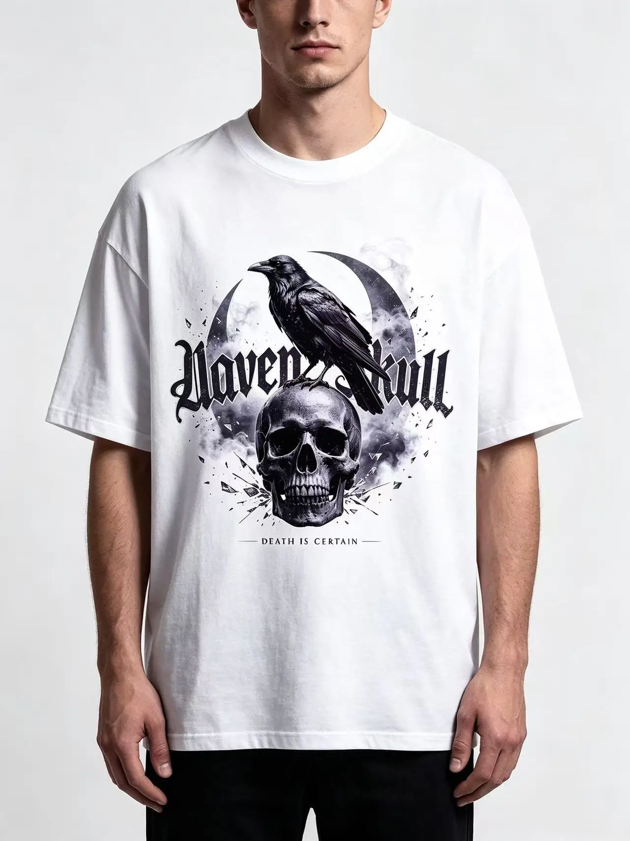 Unisex Raven Skull Crescent Moon Gothic Graphic T Shirt Men Women Vintage Dark Smoke Shatter Print Oversized Crew Neck Streetwear Cotton Top