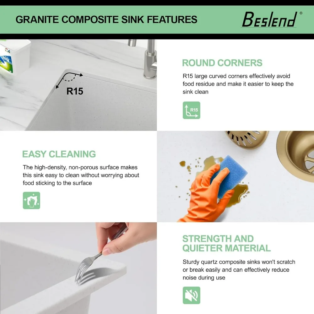 Pia de lavanderia de 24 polegadas sob montagem – Pia utilitária branca composta de granito de quartzo 24 x 18 x 12 polegadas Bacia de granito de 12 polegadas, durável S