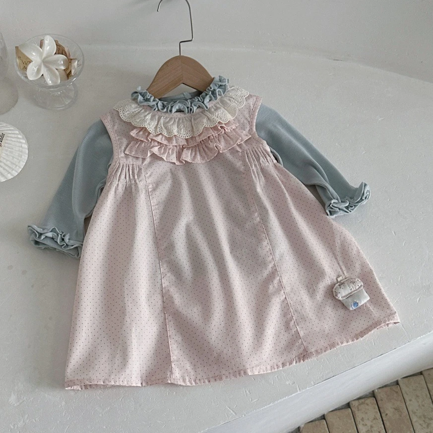 Girls Suit 2026 Autumn and Winter New Childrens Wear Korean Style Girl Baby Sweet Lace Bottom Shirt Polka Dot Sundress Two Sets