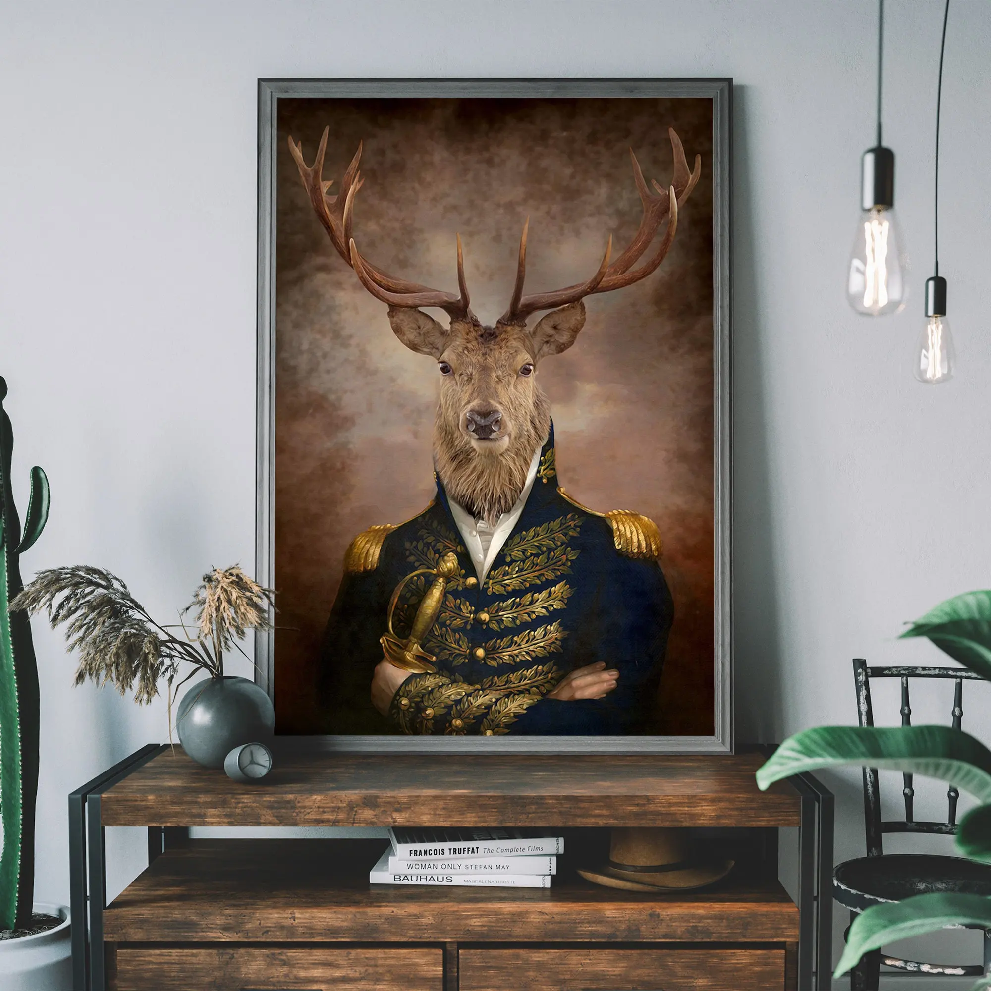 

Stag Vintage Portrait Poster Print Canvas Wall Art Renaissance Animal Animal Head Human Body Painting for Living Room Home Decor